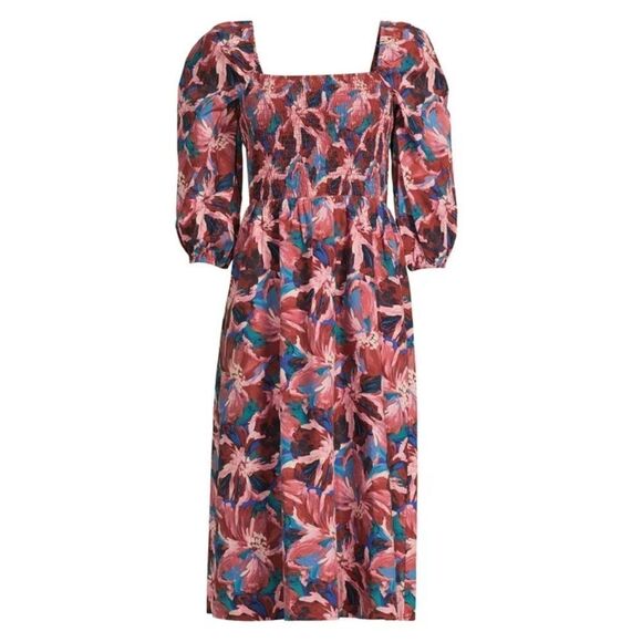 Time and Tru 3/4 Sleeve Smocked Midi square neck peasant Floral boho dress XL - Picture 1 of 11